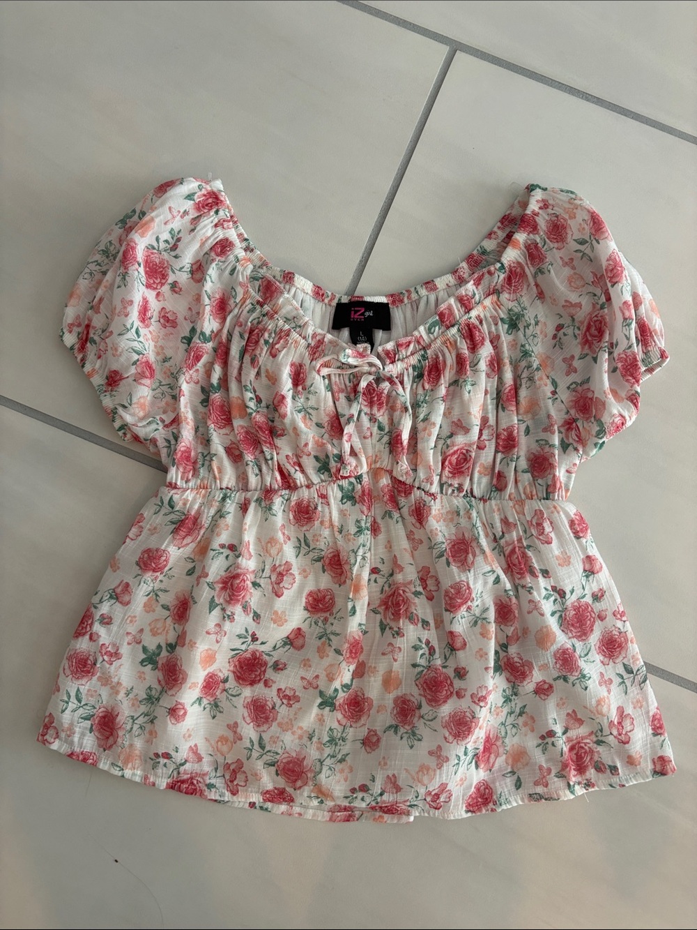 Iz Byer White Blouse with Pink Rose Print